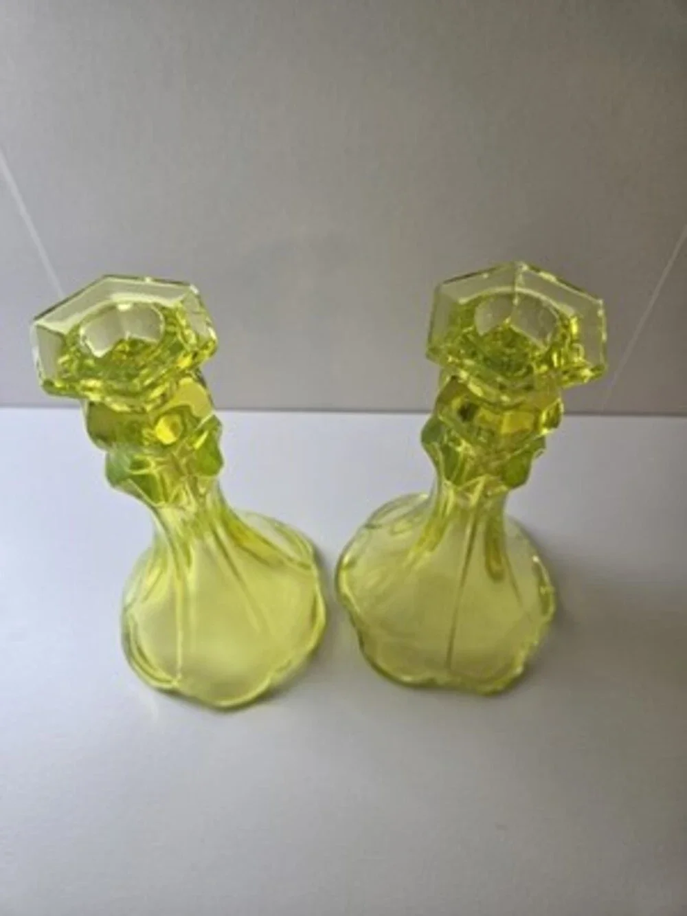 Vaseline Uranium Glass Candlestick Pair 